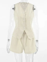 Button Up V-Neck Vest and Shorts Set