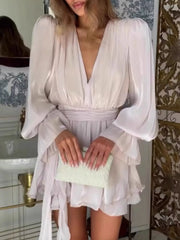 Deep V-Neck Flounce Sleeve Mini Dress