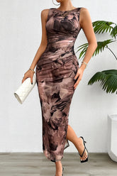 Printed Ruched Slit Sleeveless Midi Dress