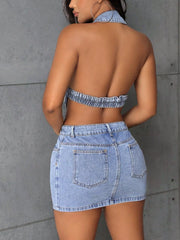 Backless Sleeveless Button Front Denim Mini Dress