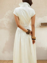Button-Front Cap Sleeve Midi Shirt Dress