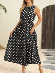 Polka Dot Round Neck Sleeveless Midi Dress