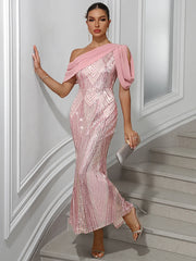 Elegant One-shoulder Sequin Party Maxi Dress