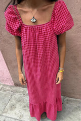 SYNZ Gingham Check Bubble Sleeve Ruffled Maxi Dress