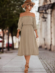 Off-Shoulder Flounce Sleeve Midi Dress