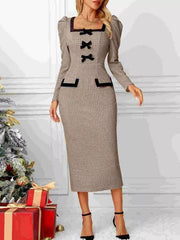 Houndstooth Bow Square Neck Dress