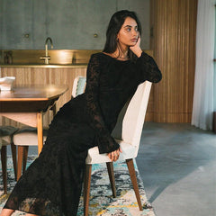 Deisy Slim Flocking Backless Black Maxi Dress