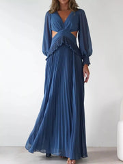 Backless Pleated Long Sleeve Maxi Dress