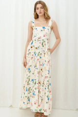 Printed Square Neck Wide Strap Maxi Dress