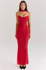 CASSIA CORSET MAXI DRESS-RED