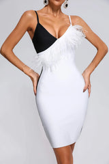 Pola Feather Mini Bandage Dress-White