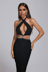 Rhinestone Halter Neck Cutout Slit Midi Dress-Black