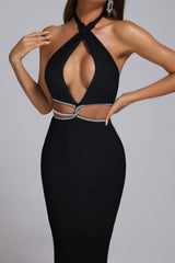 Rhinestone Halter Neck Cutout Slit Midi Dress-Black