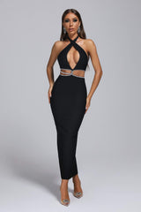 Rhinestone Halter Neck Cutout Slit Midi Dress-Black