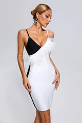 Pola Feather Mini Bandage Dress-White
