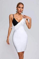 Pola Feather Mini Bandage Dress-White