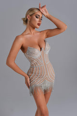 Diamonds Tassels See-through Mesh Dress