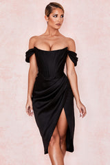 LEMIYA IVORY SATIN OFF SHOULDER DRESS-BLACK