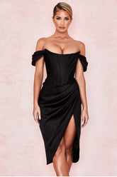 LEMIYA IVORY SATIN OFF SHOULDER DRESS-BLACK