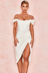 LEMIYA IVORY SATIN OFF SHOULDER DRESS-WHITE