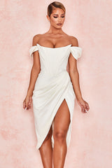 LEMIYA IVORY SATIN OFF SHOULDER DRESS-WHITE