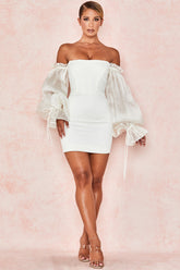 OFF-SHOULDER SATIN CORSET DRESS