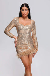 Sequin Sweetheart Neck Feather Hem Mini Dress-Gold