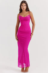 Mesh Stitching Lace Mid-length Dress-Pink