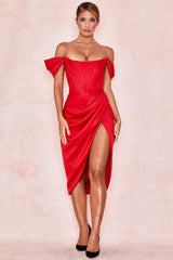 LEMIYA IVORY SATIN OFF SHOULDER DRESS-RED