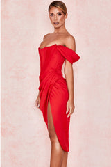LEMIYA IVORY SATIN OFF SHOULDER DRESS-RED