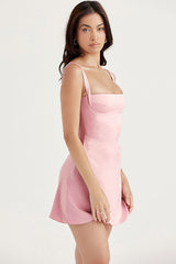 SILKY SATIN SQUARE NECK SUSPENDER STRAP PARTY MINI DRESS