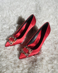 Vaike Rhinestone Buckle Satin Pumps In Red