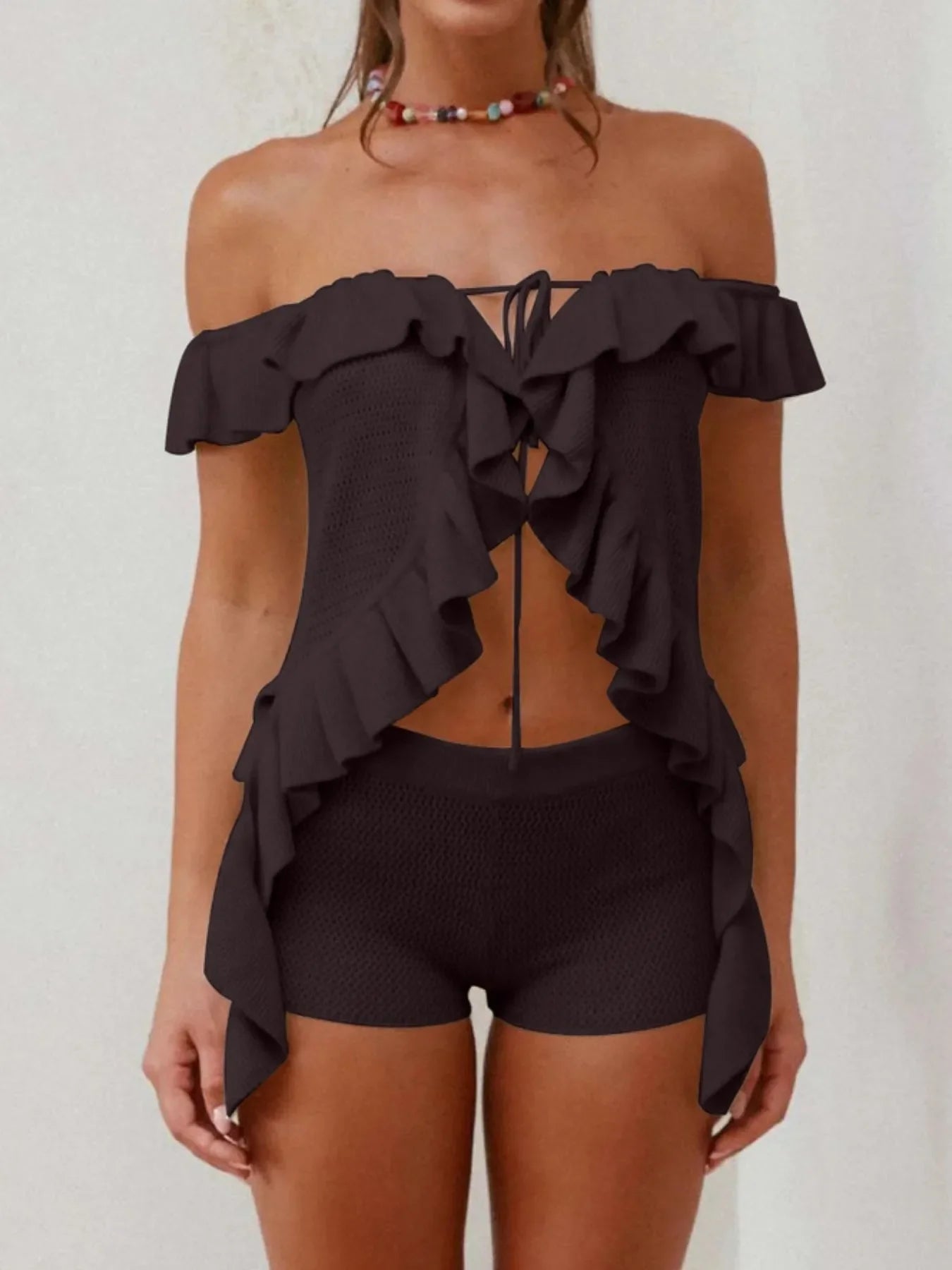 Off-Shoulder Ruffle Top and Shorts Sweater Set