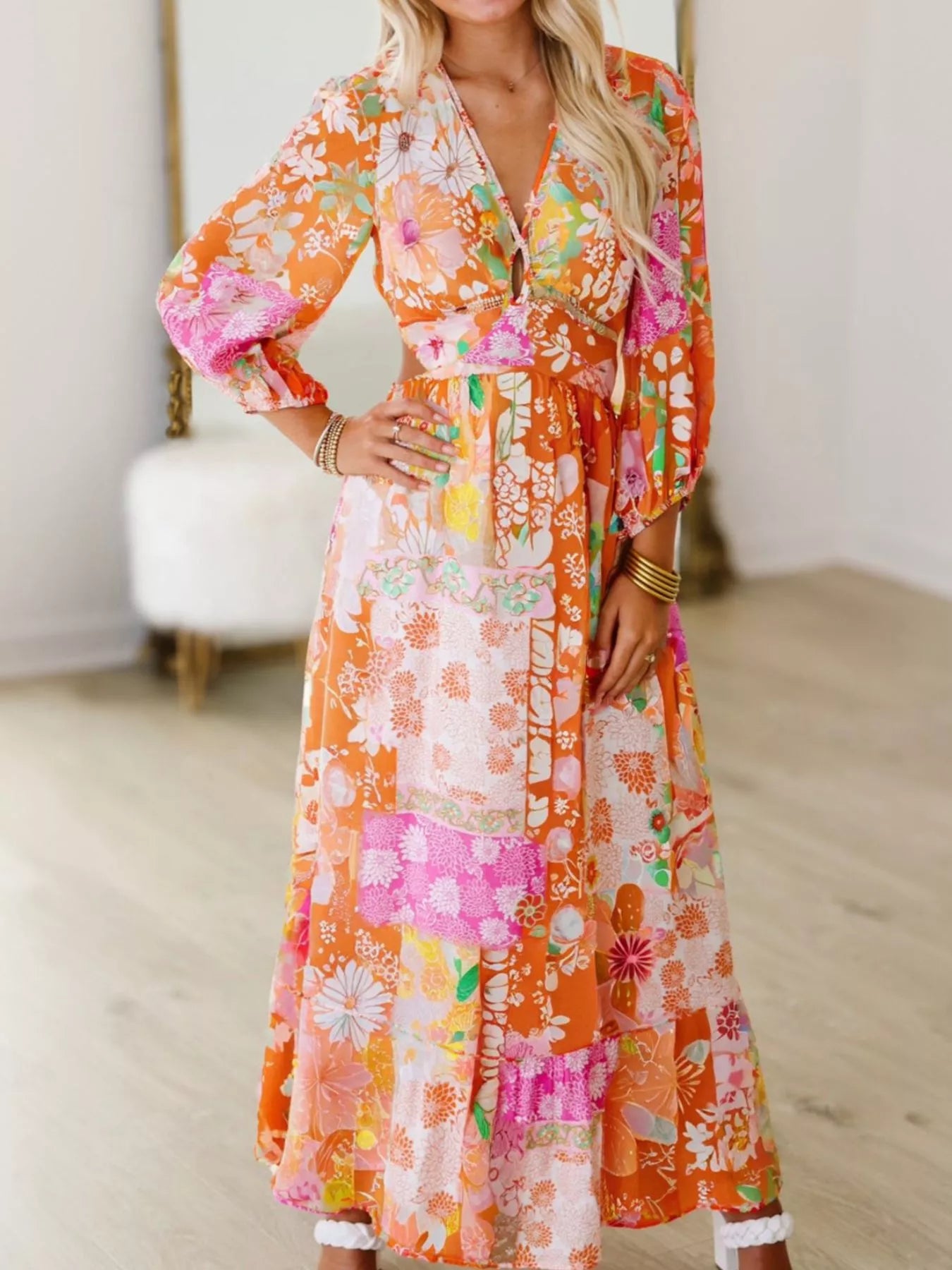 Vibrant Floral Long Sleeve Dress with Lace-Up Back – Sokav