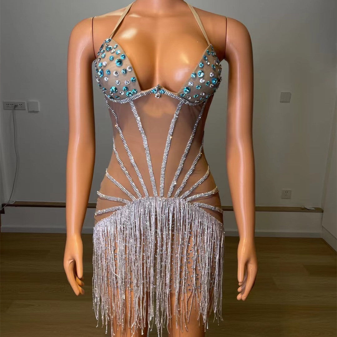 Diamonds Tassels See-through Mesh Dress