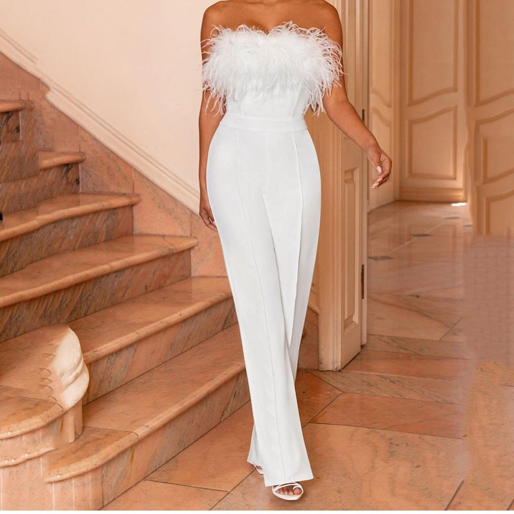 BANDEAU FEATHER WIDE LEG JUMPSUIT