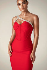 CHARMING ONE SHOULDER CRYSTAL BANDAGE DRESS