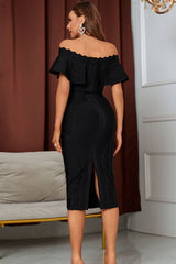 Layered Off-Shoulder Slit Bandage Dress-Black