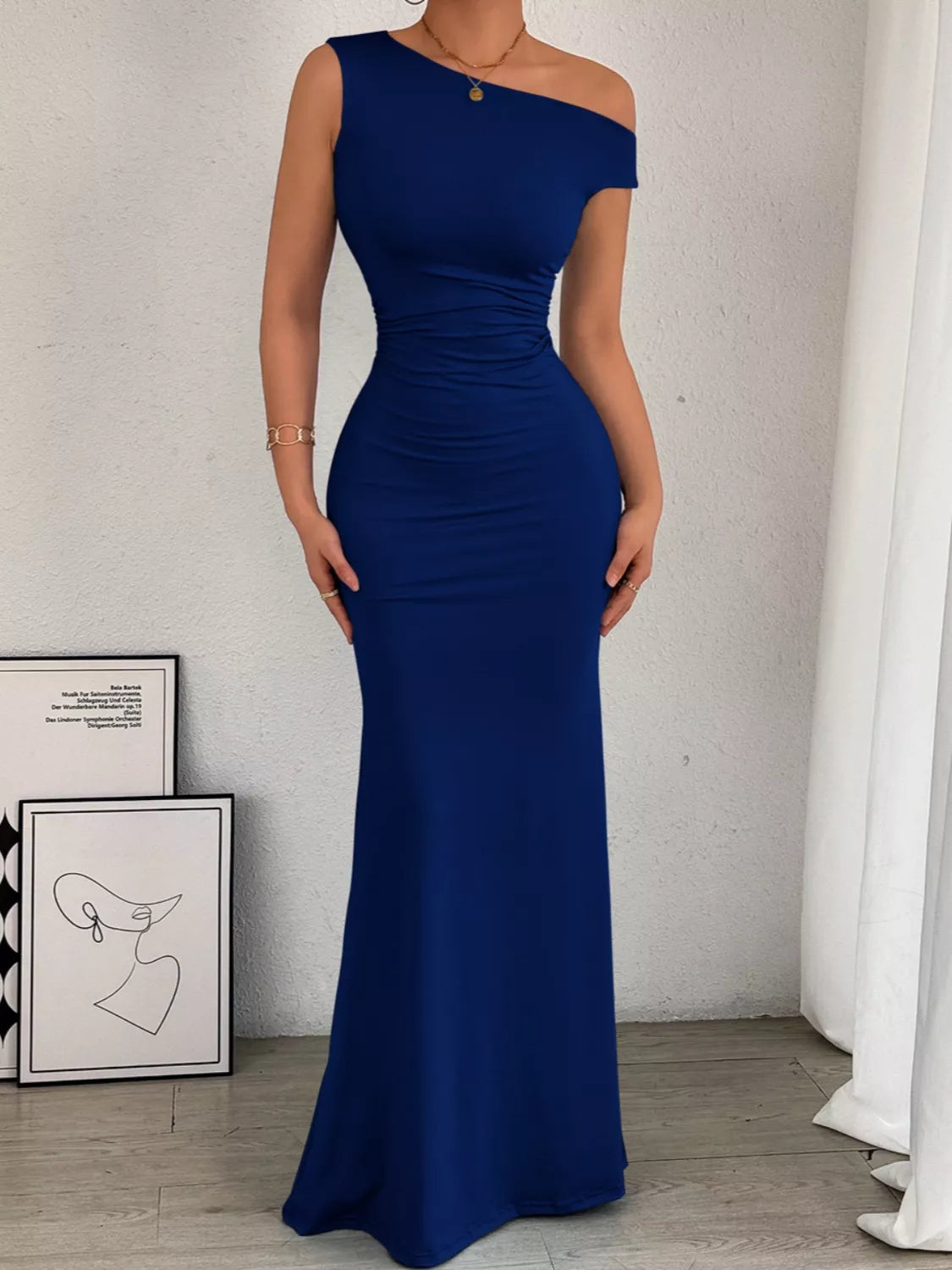 One-Shoulder Ruched Bodycon Maxi Dress