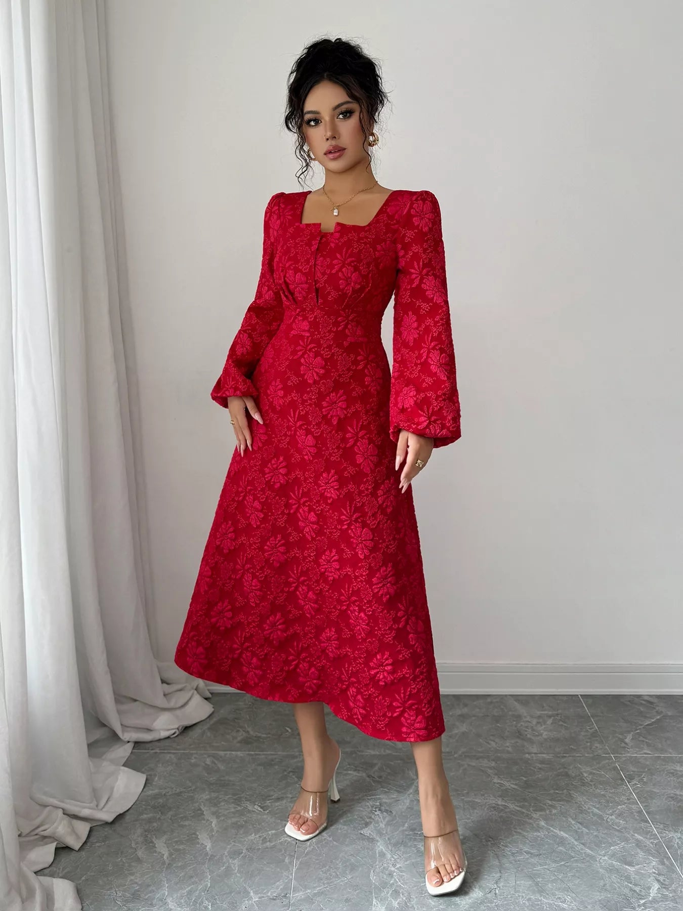 Floral Balloon Sleeve Midi Dress