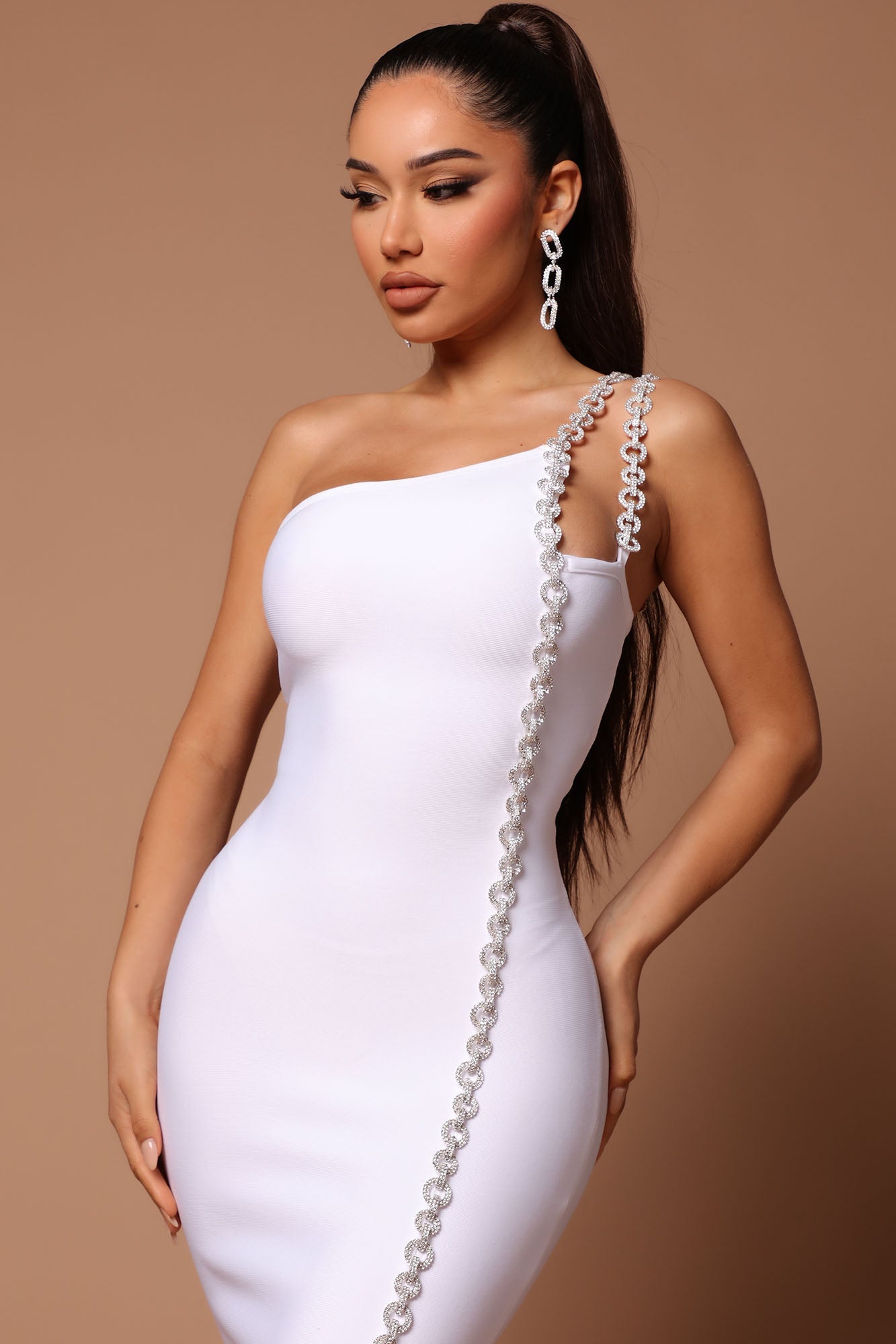 One-Shoulder Long Chain Mini Dress