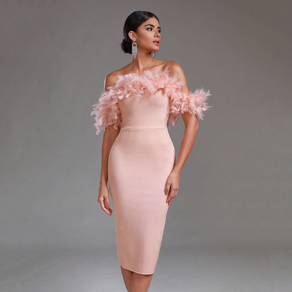 Alyia Off-Shoulder Feather Dress