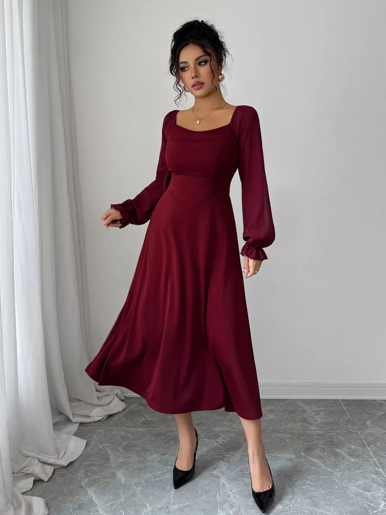 Flounce Sleeve A-Line Midi Dress