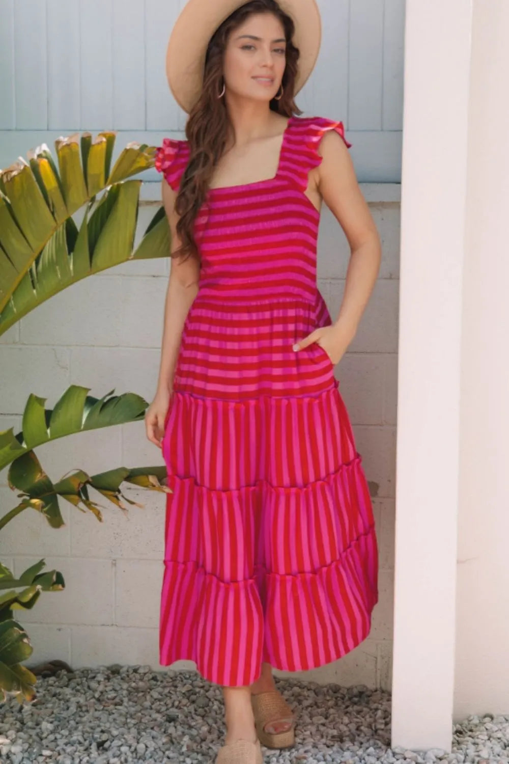 Stripe Flutter Sleeve Smocked Bodice Tiered Maxi Dress
