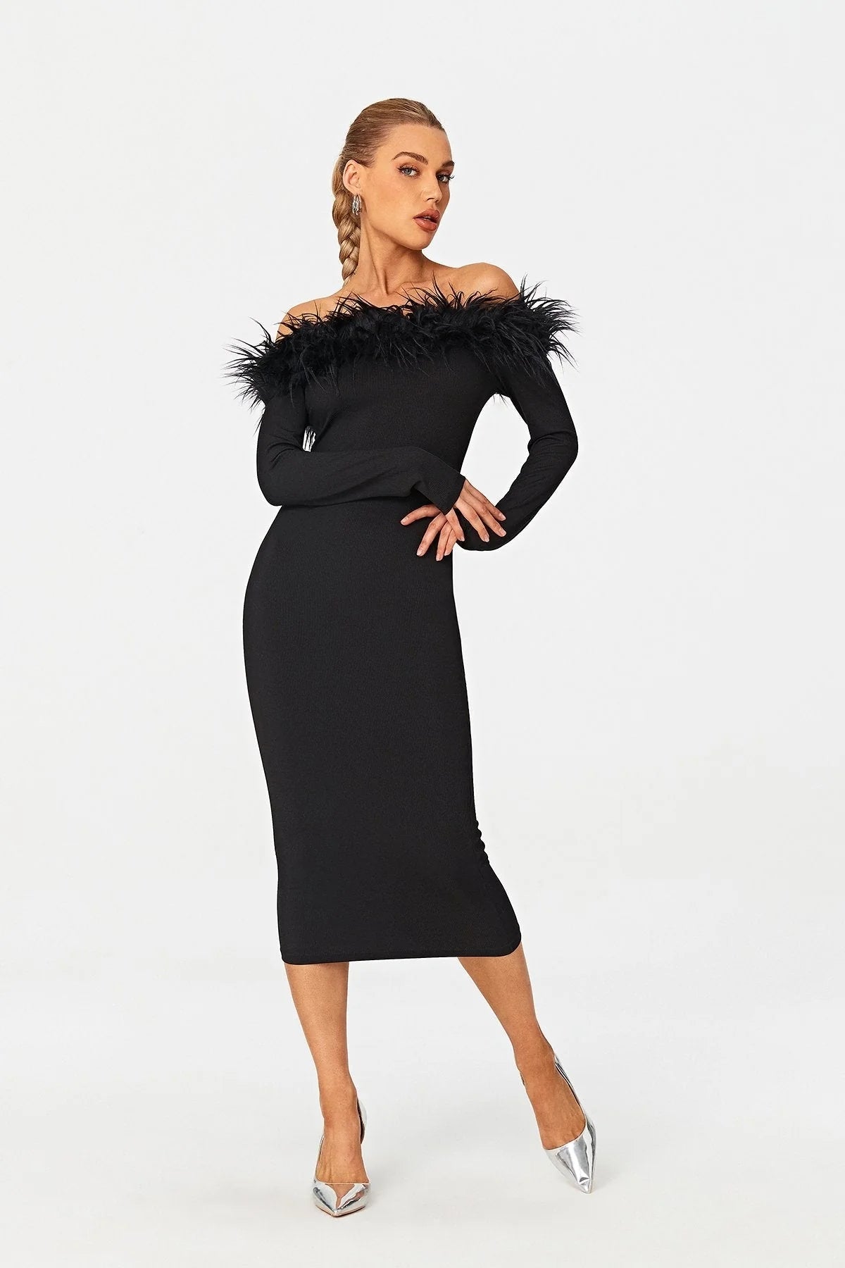 Chic Off-Shoulder Black Feather Midi Dress