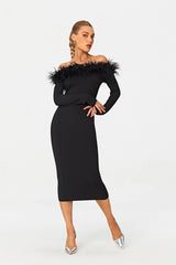 Chic Off-Shoulder Black Feather Midi Dress