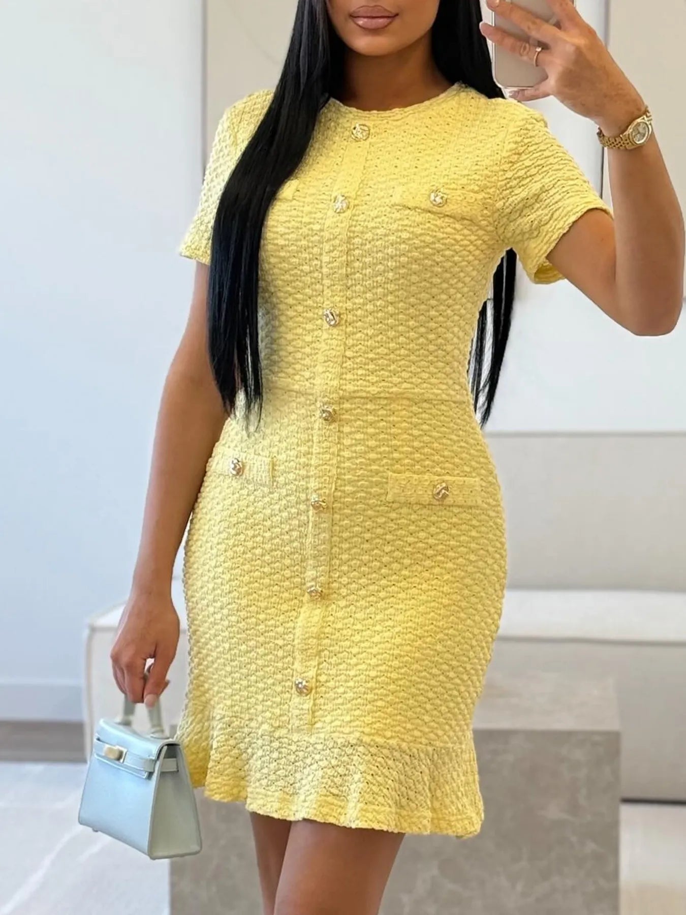 Button-Front Short Sleeve Textured Dress