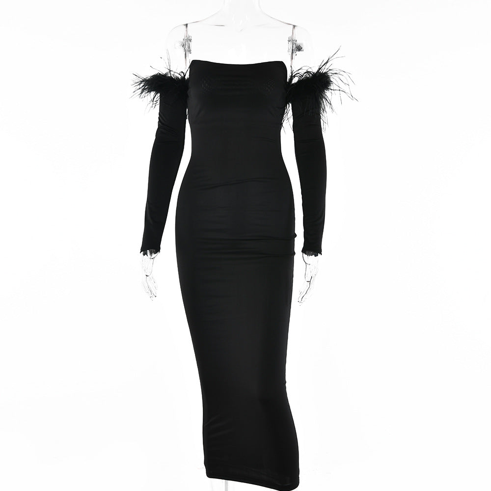 Backless Long Sleeve Feather Dress