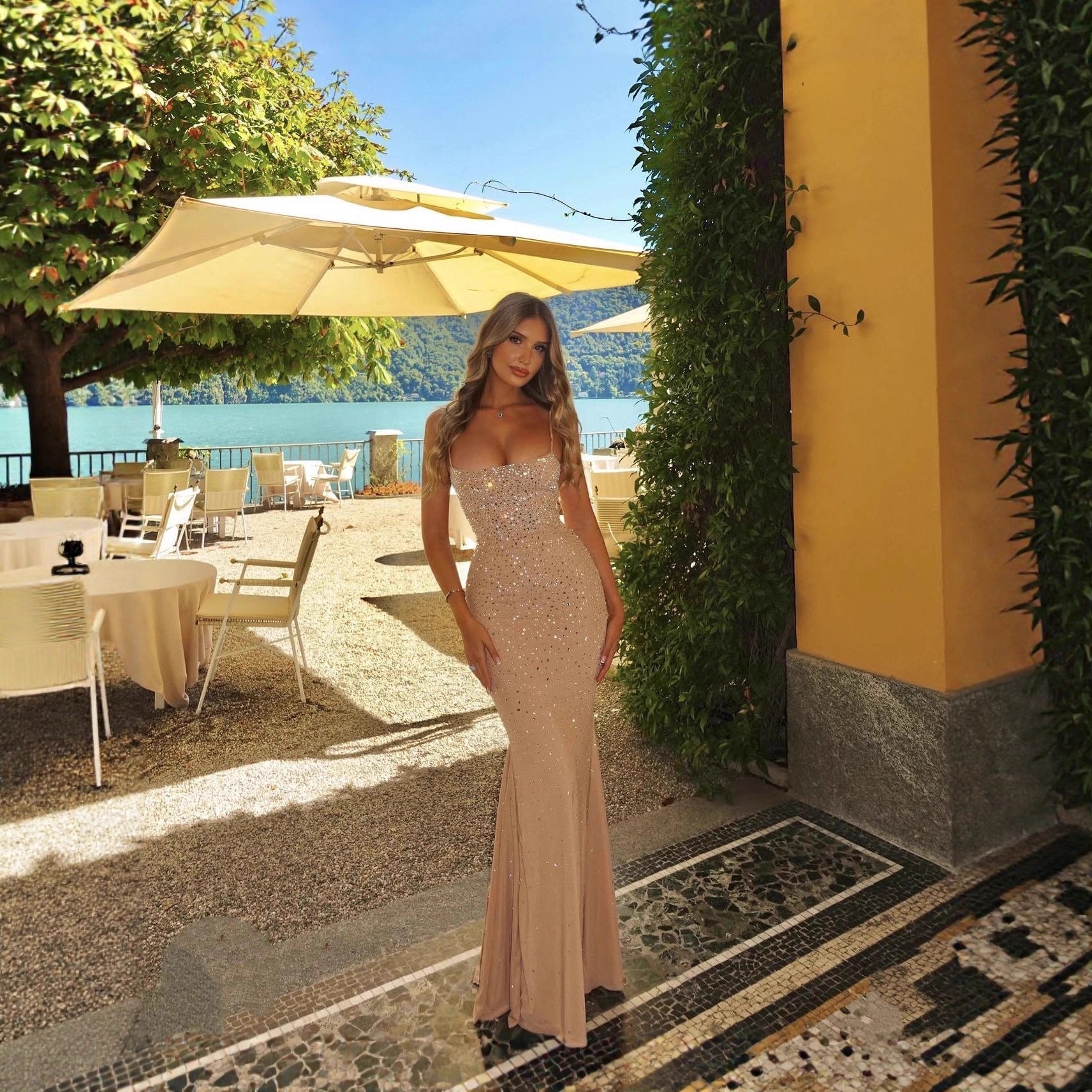 ALEKA ELEGANT BACKLESS RHINESTONE MAXI DRESS