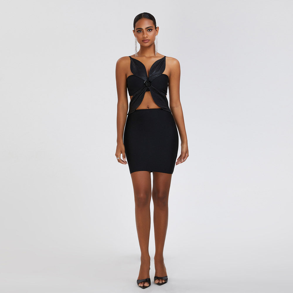 Sling Four-leaf Clover Bandage Black Dress